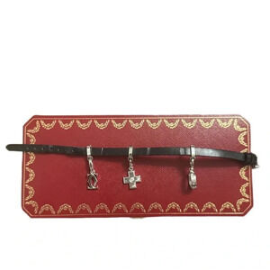 RARE CARTIER 18k WHITE GOLD BUCKLE ON CARTIER LEATHER CHARM BRACELET. 3 CHARMS